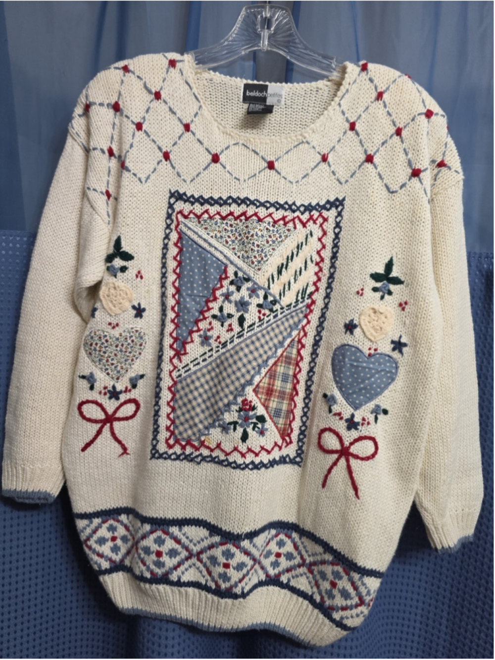 Chunky Cottage Vtg 90's Sz P/L Grannycore Patchwork Knit Embroidered Sweater REA